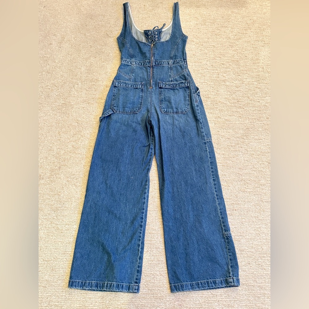 Free People Amina Denim Wide-Leg + Lace-Up Jumpsuit - Picture 8 of 16